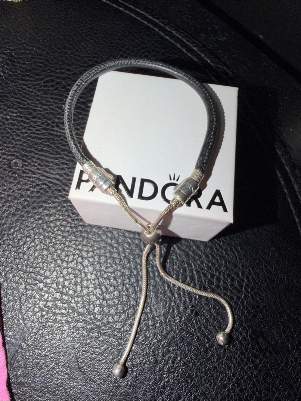 Pandora Black Leather Bracelet with Silver Slide Clasp